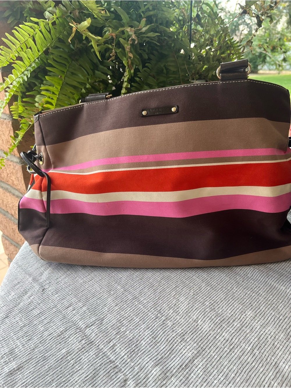 Kate Spade Brown Canvas Tote with Pink and Red Stripes. Lrg with leather bottom.